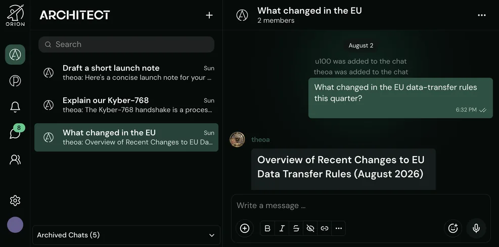 The real ORION app: chat list with OA conversations and an open chat where OA answers a question about EU data-transfer rules