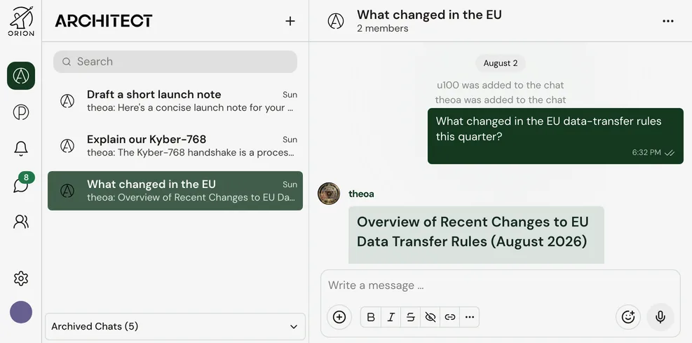 The real ORION app in its light theme: chat list with OA conversations and an open chat where OA answers a question about EU data-transfer rules